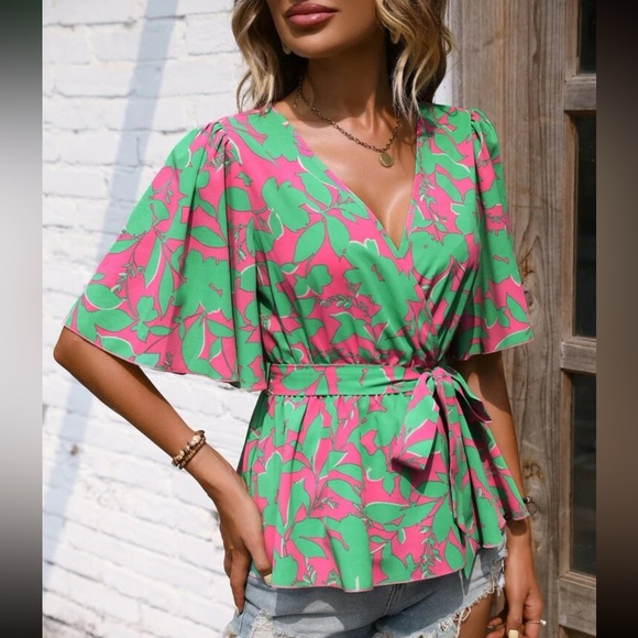 Boho floral print butterfly sleeve belted blouse - Picture 5 of 12